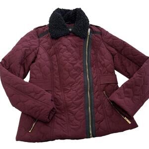 Guess Jacket Womens Small Burgundy Quilted Sherpa Collar‎ Moto Asym Gold Zips